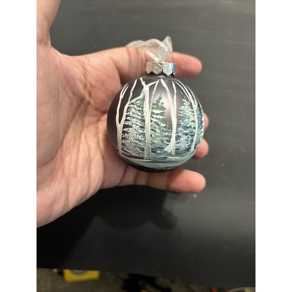Hand Painted Glass Ball Christmas Ornament Winter Snowy Forest Trees Matte Gray